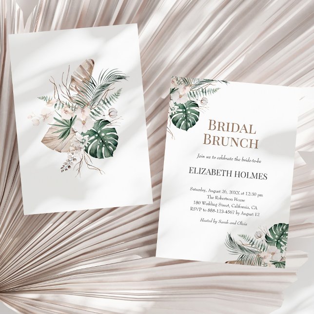 Tropical Orchid Monstera Bridal Brunch Einladung (Tropical Orchid Monstera Bridal Brunch Invitation on a sunny neutral dry palm leaf.)