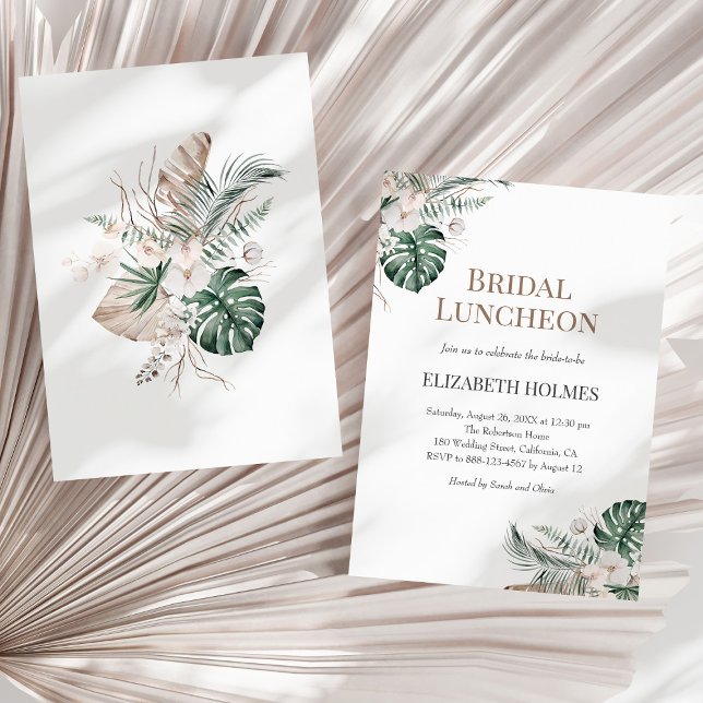 Tropical Orchid Monstera Bridal Luncheon Einladung (Tropical Orchid Monstera Bridal Luncheon Invitation on a sunny neutral dry palm leaf.)