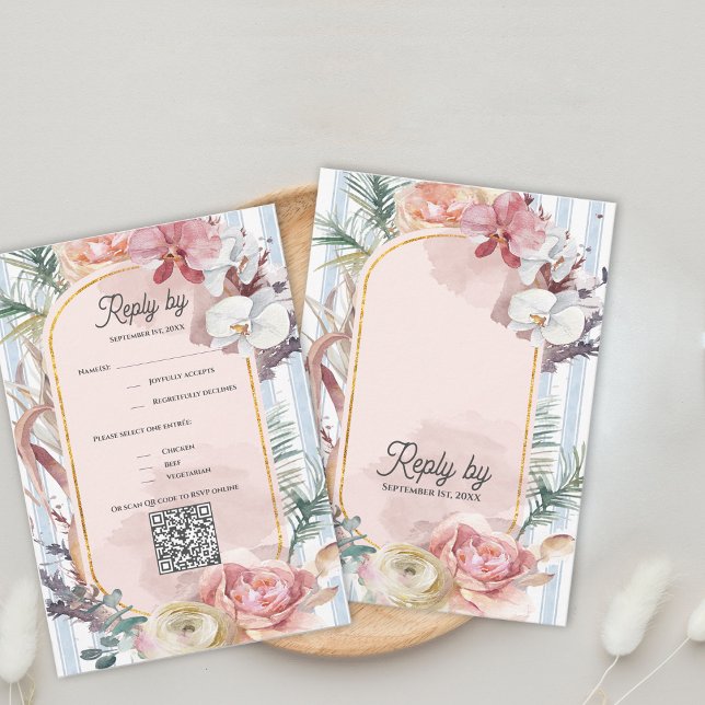 Tropical Orchid QR Code Destination Wedding RSVP (Tropical Orchid QR Code RSVP Card | Blush Floral Destination Beach Wedding Response)