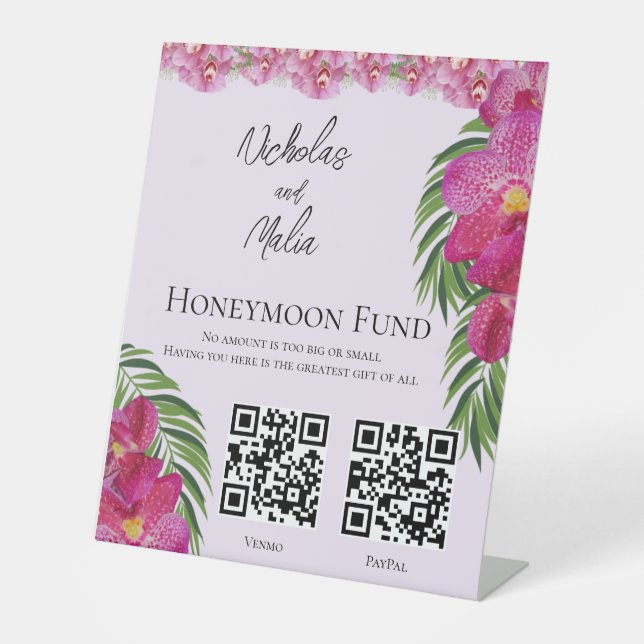 Tropical Orchid Wedding QR Code Honeymoon Fund Sockelschild (Vorderseite)