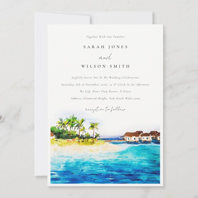 Tropical Overwater Villa Seascape Beach Hochzeit Einladung (Vorderseite)