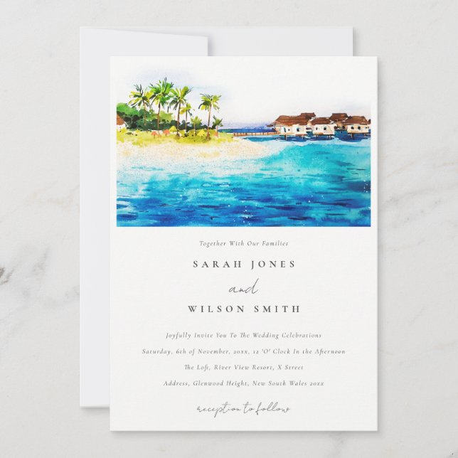 Tropical Overwater Villa Seascape Beach Hochzeit Einladung (Vorderseite)