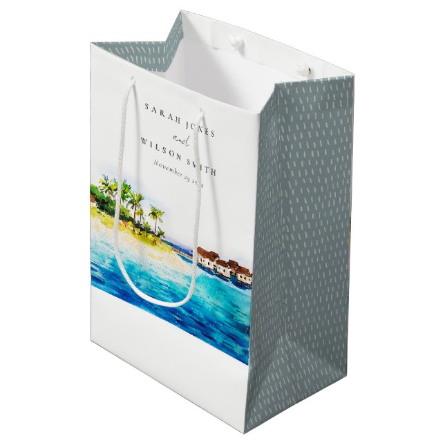 Tropical Overwater Villa Seascape Beach Hochzeit Mittlere Geschenktüte (Vorderseite Schrägansicht)