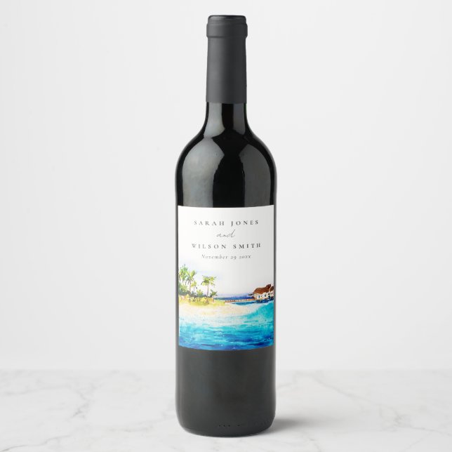 Tropical Overwater Villa Seascape Beach Hochzeit Weinetikett (Vorderseite)