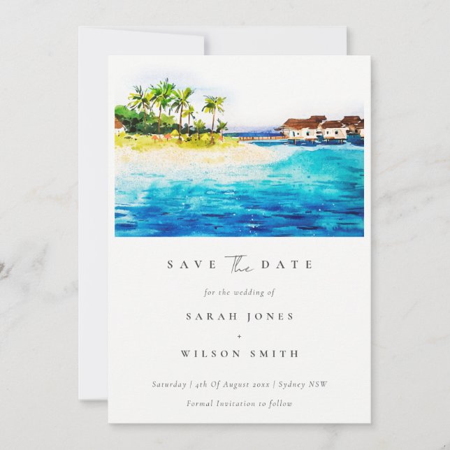 Tropical Overwater Villa Seascape Beach Palmen Save The Date (Vorderseite)