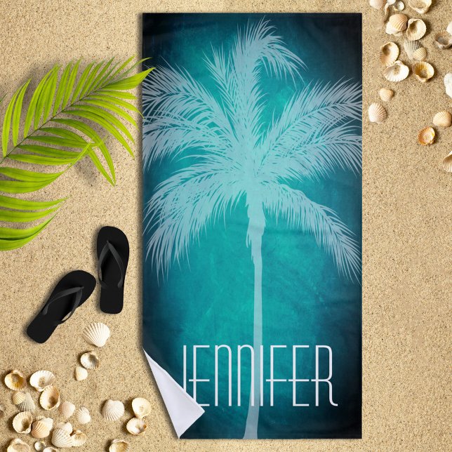 Tropical Palm Aqua Blue Personalisiert Beach Handt Strandtuch (Von Creator hochgeladen)