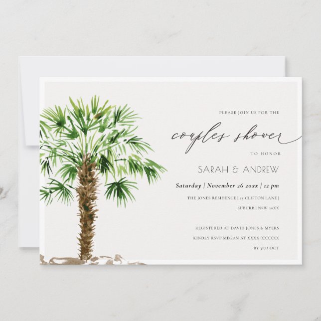 Tropical Palm Aquarelle Couples Invitation douche (Devant)