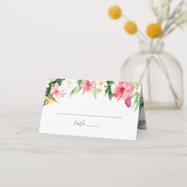 Tropical Palm Banana Leaf Blush Bloral Hochzeit Platzkarte (Vorderseite)