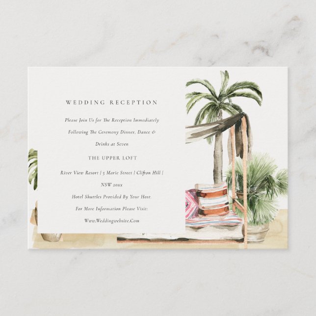 Tropical Palm Beach Cabana Hochzeitsempfang Begleitkarte (Vorderseite)
