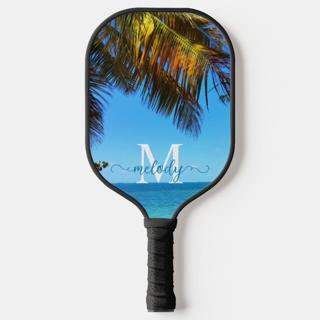 Tropical Palm Beach Foto Monogram Script Name Pickleball Schläger (Vorderseite)