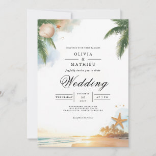 Tropical Palm Beach Romance Wedding Einladung