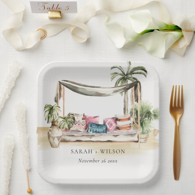 Tropical Palm Beach Wasserfarbe Cabana Hochzeit Pappteller (Hochzeit)