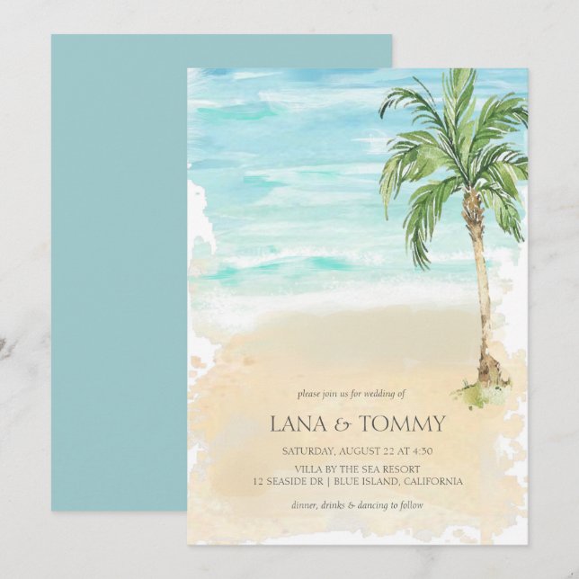 Tropical Palm Beach Watercolor Wedding Einladung (Vorne/Hinten)