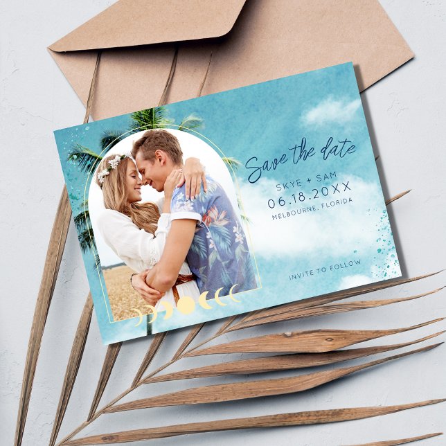 Tropical Palm Beach Wedding Foto Save The Date (Von Creator hochgeladen)