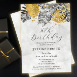 Tropical Palm Black White Gold 30th Birthday Einladung<br><div class="desc">Elegant and chic tropical palm bridal shower invitation features a top arrangement of black line drawn palm leaves and gold textured foliage. The birthday heading is written in a modern and open script. A soft and romantic gray watercolor wash pulls the design together on the front and back. Very easy...</div>