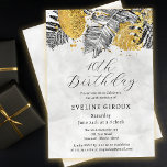 Tropical Palm Black White Gold 40th Birthday Einladung<br><div class="desc">Elegant and chic tropical palm bridal shower invitation features a top arrangement of black line drawn palm leaves and gold textured foliage. The birthday heading is written in a modern and open script. A soft and romantic gray watercolor wash pulls the design together on the front and back. Very easy...</div>