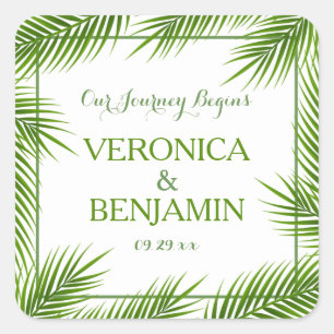 Tropical Palm Blätter Beach Wedding Quadratischer Aufkleber