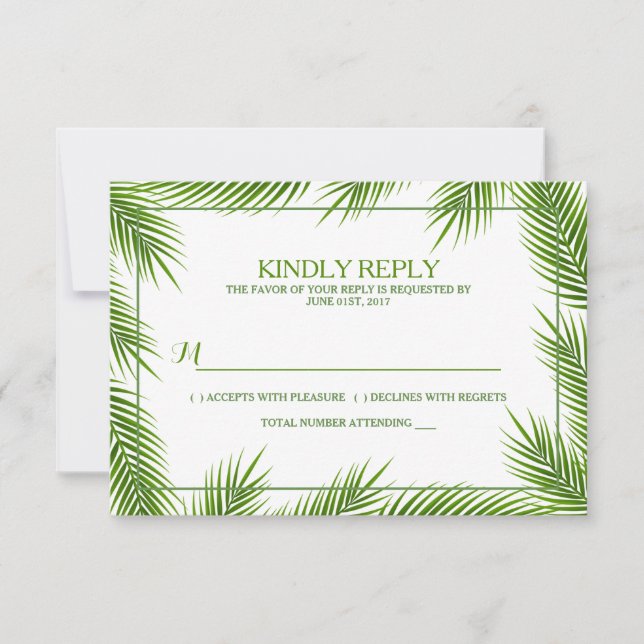 Tropical Palm Blätter Beach Wedding RSVP Karte (Vorderseite)