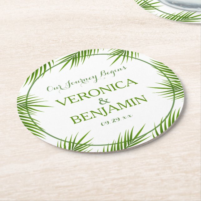 Tropical Palm Blätter Beach Wedding Runder Pappuntersetzer (Angewinkelt)