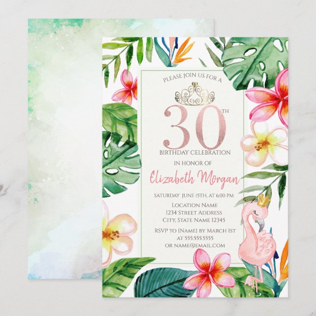 Tropical Palm Blätter Blume Pink Flamingo 30. Einladung (Vorne/Hinten)