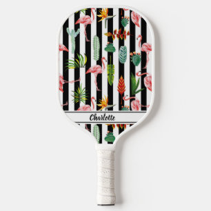Tropical Palm Blätter Flamingo Cactus Black & Whit Pickleball Schläger