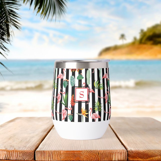 Tropical Palm Blätter Flamingo Cactus Mit Monogram (Strand)