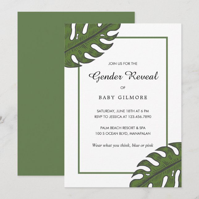 Tropical Palm Blätter Gender Reveal Party Einladung (Vorne/Hinten)