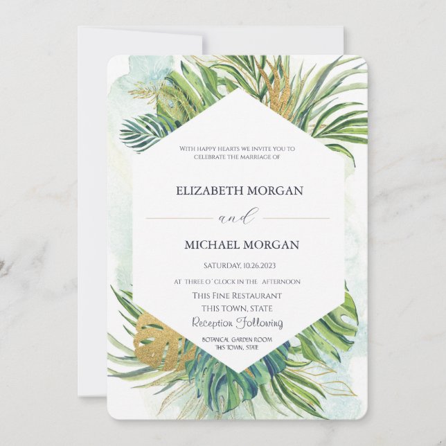 Tropical Palm Blätter Gold Summer Wedding Einladung (Vorderseite)