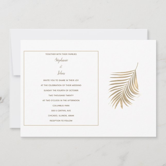 Tropical Palm Blätter Golden Sepia Muster Hochzeit Einladung (Vorderseite)
