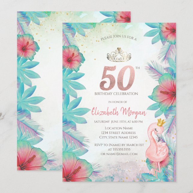 Tropical Palm Blätter Hibiskus Pink Flamingo 50. Einladung (Vorne/Hinten)