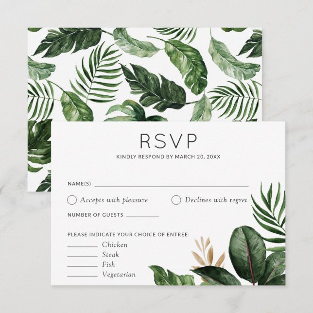 Tropical Palm Blätter Hochzeit RSVP Food Optionen Einladung (Vorne/Hinten)