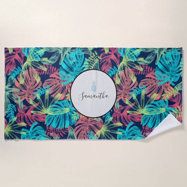 Tropical Palm Blätter Monogram Türkis Coral Strandtuch (Vorderseite)