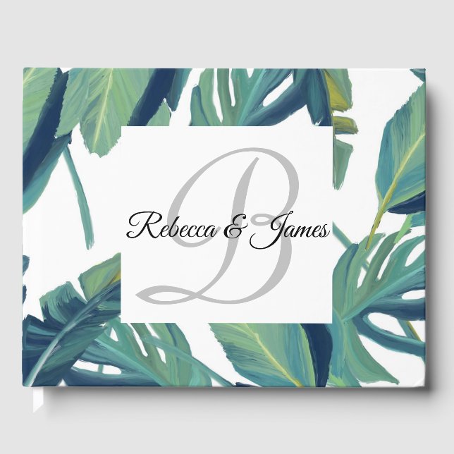 Tropical Palm Blätter Monogram Wedding Guest Book Gästebuch (Vorderseite)