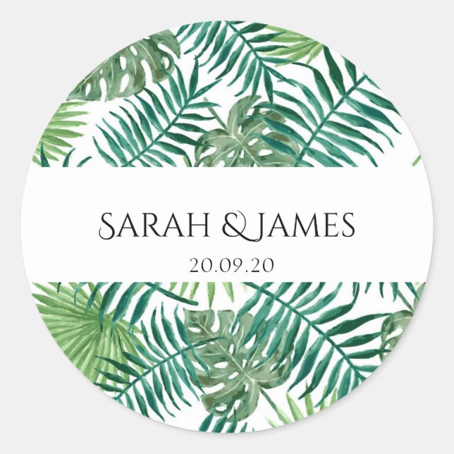 Tropical Palm Blätter Personalisierte Hochzeitstic Runder Aufkleber (Vorderseite)