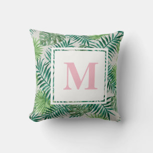 Tropical Palm Blätter Rosa Monogramm Kissen