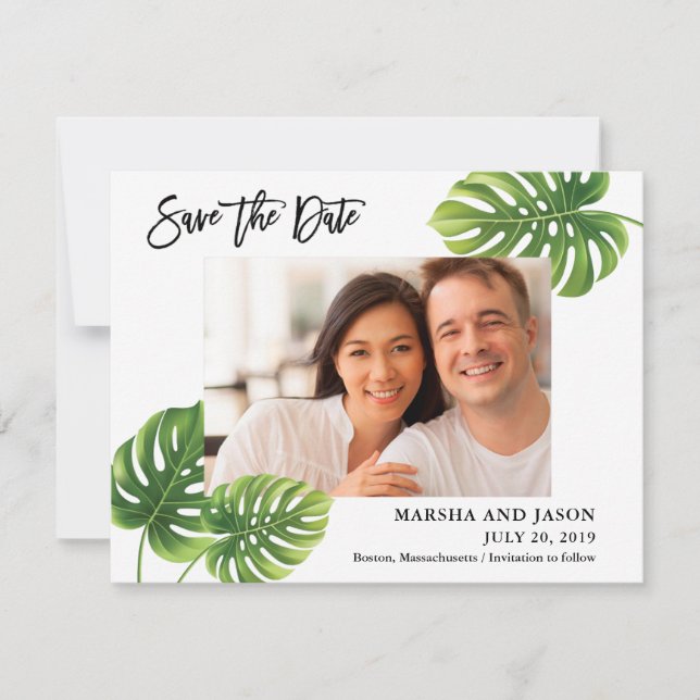 Tropical Palm Blätter Save the Date Karte (Vorderseite)