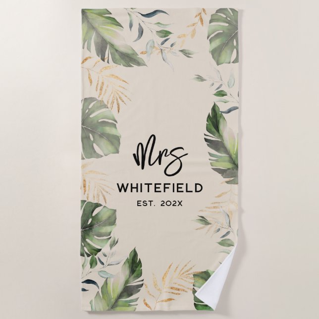 Tropical Palm Blätter Script Botanical Custom Strandtuch (Vorderseite)