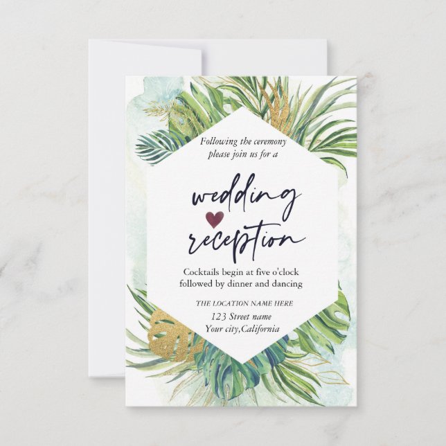 Tropical Palm Blätter Sommerhochzeit Empfang Einladung (Vorderseite)