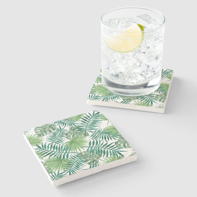 Tropical Palm Blätter Wasserfarbe Steinuntersetzer (Seitenansicht)