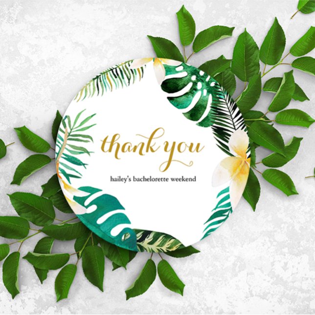 Tropical Palm Blätter Wreath Vielen Dank Nachricht Dankeskarte (Chic tropical palm leaves bachelorette weekend circle thank you card for guests.)