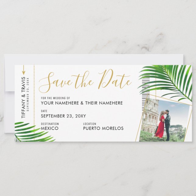 Tropical Palm Boarding Pass Foto Save the Date Ankündigung (Vorderseite)