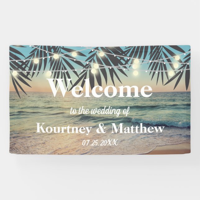 Tropical Palm Custom Wedding Beach String Hintergr Banner (Horizontal)