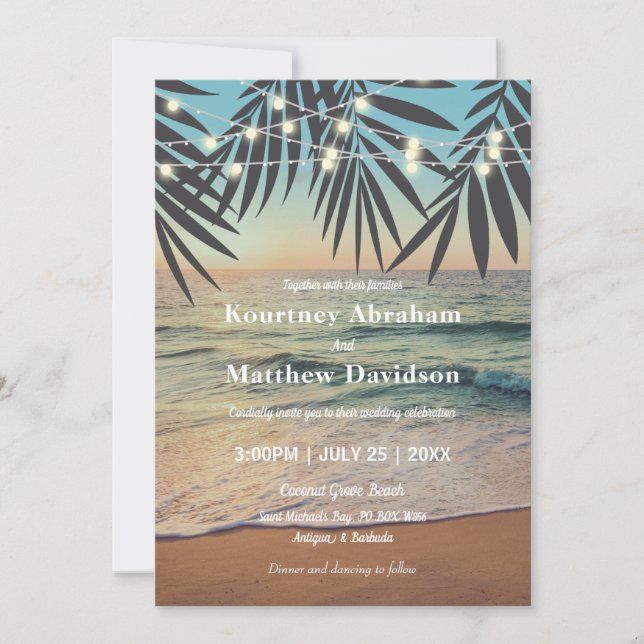 Tropical Palm Custom Wedding Beach String Lights Einladung (Vorderseite)