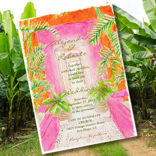 Tropical Palm Dove Watercolor Coral Floral Hochzei Einladung