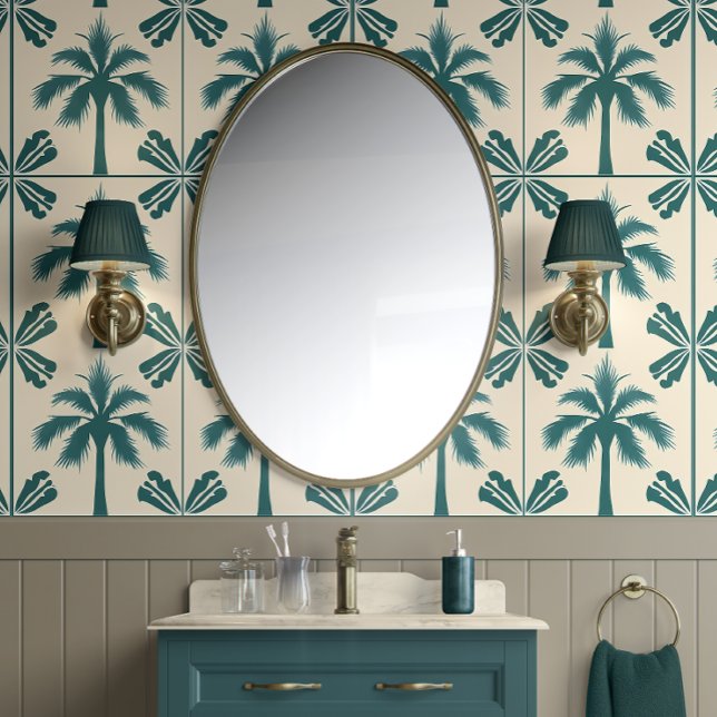 Tropical Palm Escape - Green, Beige - Küste Tapete (Vibrant Cabana Peel and Stick Wallpaper )