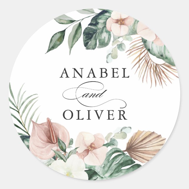 Tropical Palm Floral Blush Greenery Boho Envelope Runder Aufkleber (Vorderseite)