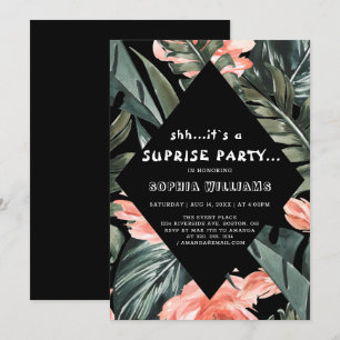 Tropical Palm Floral Überraschung Schwarzes Party  Einladung