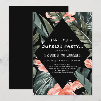 Tropical Palm Floral Überraschung Schwarzes Party Einladung