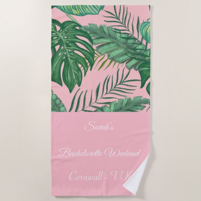 Tropical Palm Girly Pink Bachelorette Strandtuch (Vorderseite)