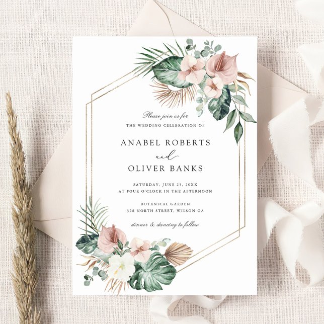 Tropical Palm Greenery Blush Geometric Wedding Einladung (Von Creator hochgeladen)
